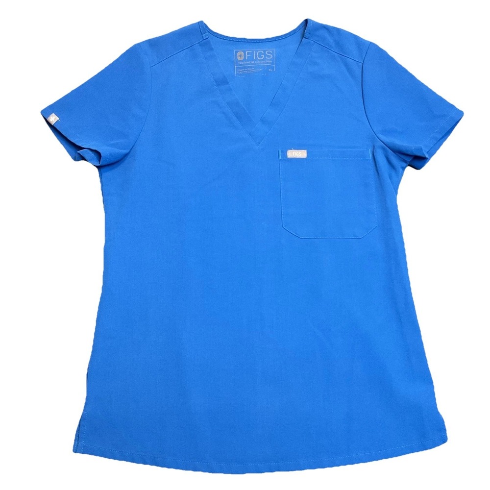 FIGS Catarina Scrub Top Womens XS Blue Stretch Side Slit Hem V Neck Classic Fit